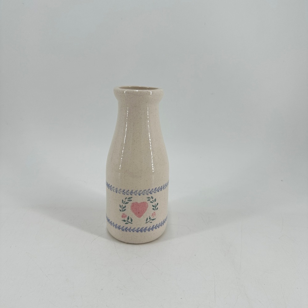 Vintage Style Ceramic Milk Bottle Bud Vase Pink Heart Blue Vine Cream Speckled